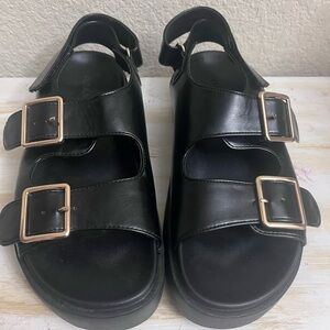 Old Navy Black Sandals with Gold Buckles
